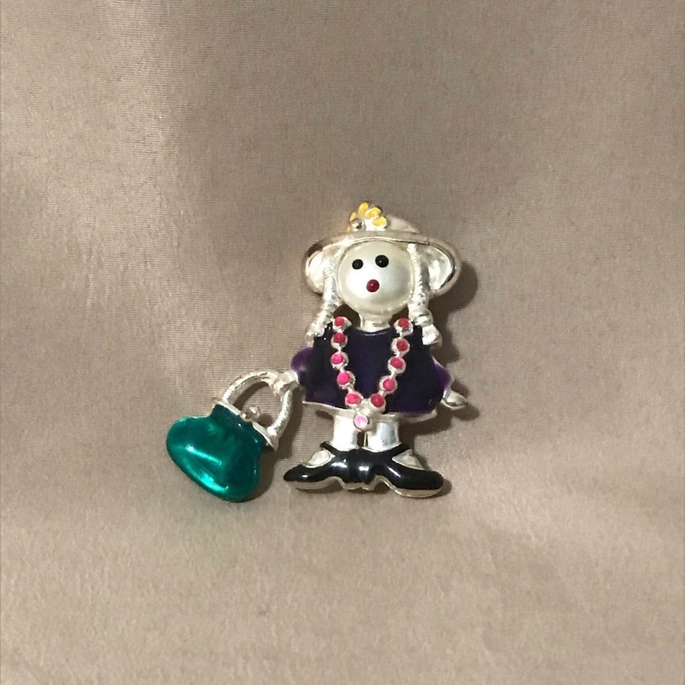 Vintage brooch woman with hat & purse